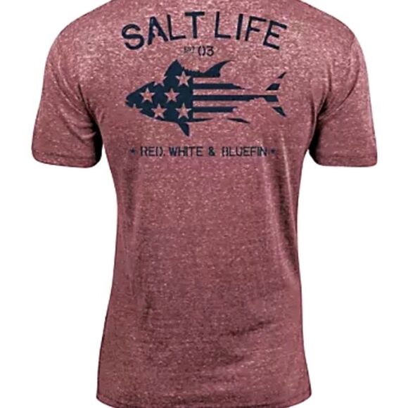 Mens Salt Life Red, White, & Bluefin Tri-Blend Short Sleeve T-Shirt Maroon Med - Picture 1 of 6